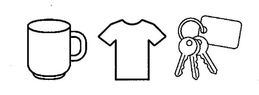Drei einfache Symbole: Kaffeetasse, T‑Shirt und Schlüsselbund mit Anhänger.